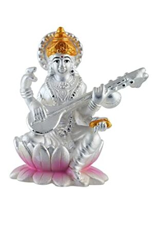 Saraswati Idol Pure Silver 990 Statue , 19 to 21 GMS Colourful Maa Murti for Pooja
