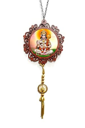 Sunder Kaya Hanuman Ji Car Hanging with Latkan Copy Round Shape, 4x4 Inch - Wooden Car Dashboard Showpiece Hanging Car Interior Deco Rear-Mirror Hanging Inside Keychain Free, Pack of 1