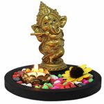 Ganesha Idol with Wooden Flower Tealight Candle Holder, Colorful Stones, Wooden Base - Diwali Decoration Set