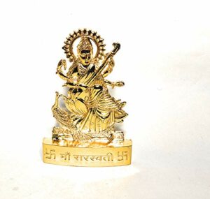 Amishi Handicraft Small maa Saraswati Vidya Devi Idol Metal Gold Plated Saraswati MATA Statues for Car Dashboard Mandir Pooja Murti Temple Puja Home Decor Office Showpiece