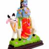 Hindu God and Goddess Polyester Resin Standing Krishna Murti Playing Flute and Cow Gau MATA Idol/Statue/Figurine for Gifting and Home Decor, 12cm, Multicolour