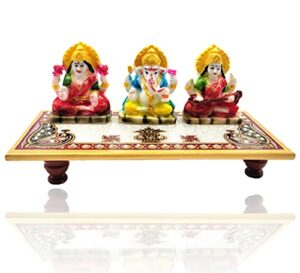 Marble Chowki with Laxmi Ganesh Saraswati Murti Idol | Hand-Painted Kalash Peacock Art Design Small Laxmi Ganesh Diwali Pooja Marble Chowki (Pack of 1, ( Size: 4" x 8" Inch )