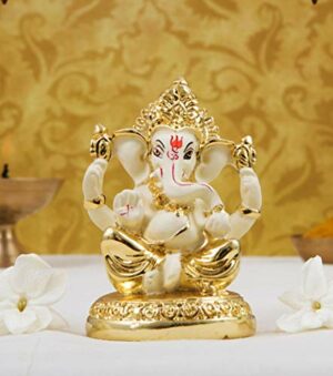 Ceramic Lord Ganesh Idol, 7X4X4 Cm, Gold and Off White