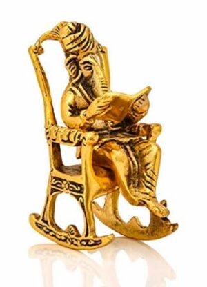 Metal Lord Ganesha Reading Ramayana Statue Hindu God Ganesh Ganpati Sitting on Chair Idol Sculpture Home Office Gifts Decor Ganesh Ji Ki Murti Ganesha Metal Idol(Size: 5.5 Inches, Golden Finish)