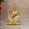 Pure Gold Coated White Saraswati Idol - Maa Saraswati Statue, Genuine 3 inch Saraswati Murti Small on Lotus with Veena - Handcrafted by Skilled Indian Artisans