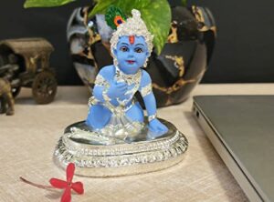 India Ceramic Krishna Idol, 8x8x8cm, Silver and Blue