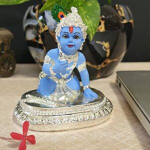 India Ceramic Krishna Idol, 8x8x8cm, Silver and Blue