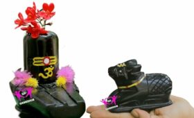 Stone 4" Shivling & 2.5" Nandi Idols Handcrafted & Hand Painted with Tilak, Black, 2 Pieces