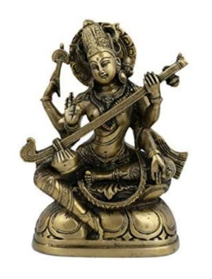 Dharmik Pooja Store-Brass Maa Saraswati Idol Sitting On Hans, Standard, Golden (10 cm)