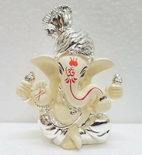 Ceramic Car Dashboard Ganesha Idol, 3 inches, Silver Chandan