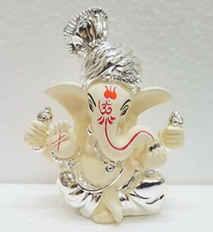 Ceramic Car Dashboard Ganesha Idol, 3 inches, Silver Chandan