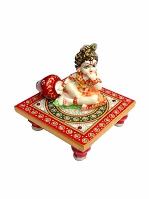 Marble Laddu Gopal Idol, 10.16cm, Multicolour, 1 Bal Krishna Idol With Chowk