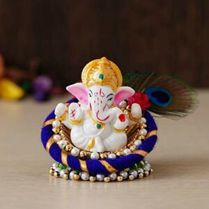 Polyresin Lord Ganesha Idol on Decorative Handcrafted Floral Plate, God Idol for Car Dashboard, Home, Office Decor
