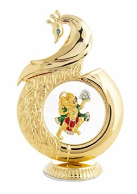 Gold Plated Peacock Shape Hanuman Idol Car Dashboard (12 cm)