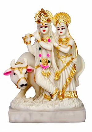 Resin Radha Krishna Cow God Idol (HXWXL-21CMX13CMX09CM), White