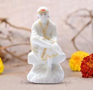 Sai Baba Statue Marble Dust Murti for Home Pooja & Car Dashboard | Sai Baba Idol Handmade Finishing Sitting on Stone (White, 4.5)