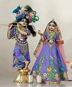Astadhatu Made Shri Radha Krishna Idol With Complete Sringar; That Include 3 Set Dress, Crown, Flute, Paduka, Wig, Tilak Etc. (6 Cm)(Brass, Golden)