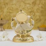 Ceramic Lord Ganesh Idol, 7x4x4 cm, Gold and Off White