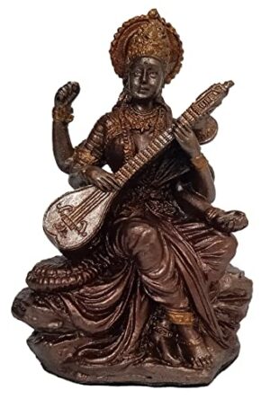 Resin Idol Saraswathi, Goddess of Knowledge Music Arts: Collectible Bronze Finish Statue for Home Temple, 3 Inches (12562)