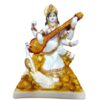 Marble Gold Foil Saraswati Idol Statue - Hindu Goddess of Knowledge, Music & Art Sculpture (White and Gold) (6 Inches)