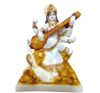 Marble Gold Foil Saraswati Idol Statue - Hindu Goddess of Knowledge, Music & Art Sculpture (White and Gold) (6 Inches)