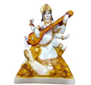 Marble Gold Foil Saraswati Idol Statue - Hindu Goddess of Knowledge, Music & Art Sculpture (White and Gold) (6 Inches)