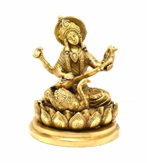 Brass Goddess Saraswati Idol, Standard, Gold, 1 Piece
