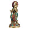 Brass Lord Krishna Murti for Gift Idol Statue Large Size Krishna Playing Flute Standing On Round Pedestal with Multicolor Stone Height 8.5 Inches