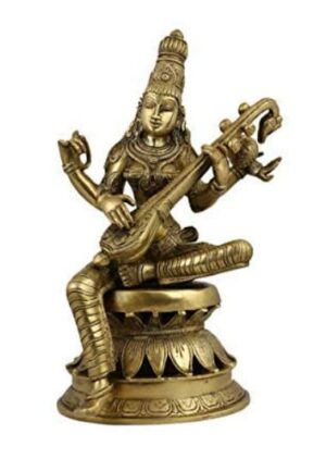 Dharmik Pooja Store-Astadhatu Metal Made Maa Saraswati Idol Sitting on Hans (Standard, Golden) (12 cm)