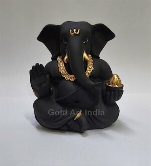 Black Terracotta Appu Ganesha with Gold Color Work for Car Dashboard Home Decor Gifting Diwali Birthday Festivals (3' x 2" Inches)