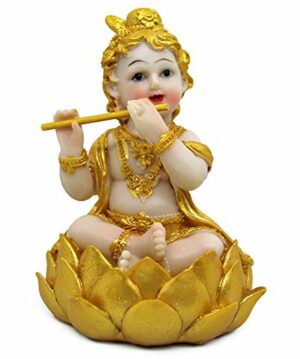 Decorative Krishna Idol Statue Showpiece (Golden, Resin, 13 cm X 10 cm) - Diwali Decoration Items for Home Decor Living Room Mandir Temple Pooja Room Table Top Office Gifts