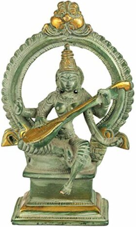 Goddess Saraswati - Brass Statue - Color Patina Gold Color