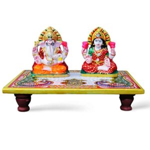 Laxmi Ganesh Idol/Murti with Marble Chowki Multicolor Peacock Pattern Size 6x4 Inch for Diwali/Puja/Home/Birthday Gift
