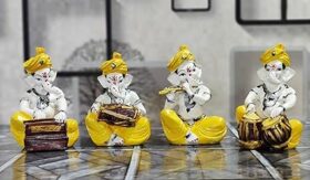 Resin Lord Ganesha Musical Statue Playing Flute Tabla Dholak Harmonium HandCute Figurines of Ganesh Vinayak Idol Decorative Showpiece Home & Temple - Set of 4, Multicolour, 13cm Tall