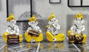 Resin Lord Ganesha Musical Statue Playing Flute Tabla Dholak Harmonium HandCute Figurines of Ganesh Vinayak Idol Decorative Showpiece Home & Temple - Set of 4, Multicolour, 13cm Tall