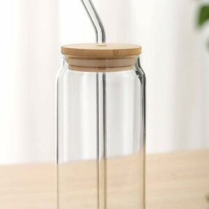 SKDBPM Ice Juice Drinks Glass Can Mug with Straw for Milk/Coffee/Green Tea Cup Set of 1-510ml Transparent Can Shape Cup (Pack of 1) (Wooden LID CAN)