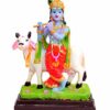 Hindu God and Goddess Polyester Resin Standing Krishna Murti Playing Flute and Cow Gau MATA Idol/Statue/Figurine for Gifting and Home Decor, 12cm, Multicolour