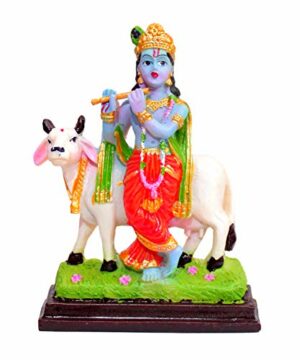 Hindu God and Goddess Polyester Resin Standing Krishna Murti Playing Flute and Cow Gau MATA Idol/Statue/Figurine for Gifting and Home Decor, 12cm, Multicolour