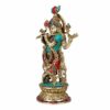Brass Krishna Idol with Flute - Mandir Brass Sculpture Decorated with Colored Stones Home Decor