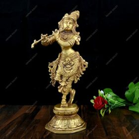 Brass Krishna Antique Standing Idol (Gold, Medium)