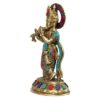 Brass Lord Krishna Murti for Gift Idol Statue Large Size Krishna Playing Flute Standing On Round Pedestal with Multicolor Stone Height 8.5 Inches