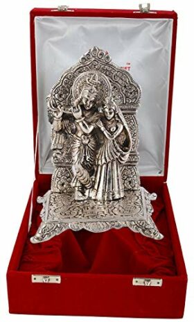 Aluminium Silver Plated Radha Krishna Idol with Velvet Box and Gold Plated Ball Pen.(18 Cm X 10 Cm X 10 Cm)