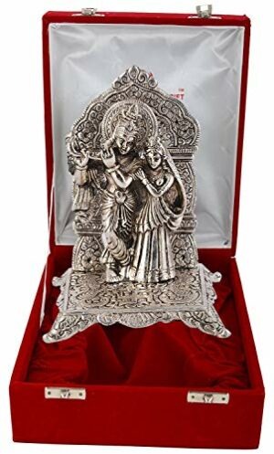 Aluminium Silver Plated Radha Krishna Idol with Velvet Box and Gold Plated Ball Pen.(18 Cm X 10 Cm X 10 Cm)
