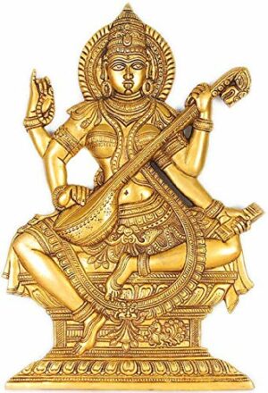 Goddess Saraswati (Wall Hanging Flat Statue) - Brass Sculpture