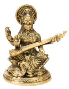 Brass Saraswati Murti Idol Goddess Statue of Knowledge for Music & Art School College Pooja Showpiece in Gold Color 5 Inch