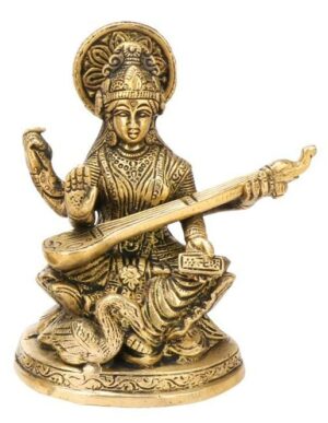 Brass Saraswati Murti Idol Goddess Statue of Knowledge for Music & Art School College Pooja Showpiece in Gold Color 5 Inch