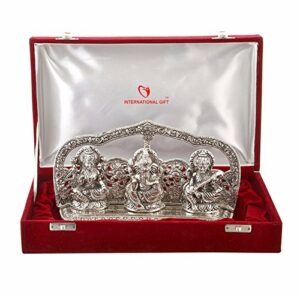Silver Laxmi Ganesh Sarswati Idol Statue Oxidized Finish with Red Velvet Box Packing with Beautiful Carry Bag (14 cm X 25 cm X 5 cm)