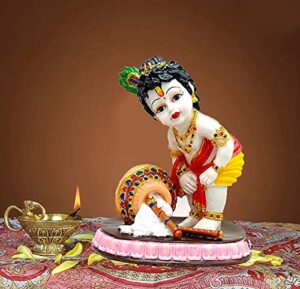Polyresin Lord Krishna Idol Yellow Hand Carved Baby Krishna Resin Idol Sculpture Statue for Office Religious Temple Showpiece Figurines God Murti Gift