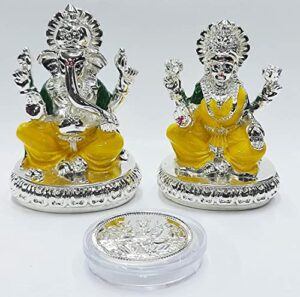 Silver Plated laxmi Ganesha Idol with Yellow Enamel Color Work with Gold Plated Coin | for Diwali | Laxmi poojan | Diwali Pooja | Gifting (New Chakra Ganesha laxmi Silver)