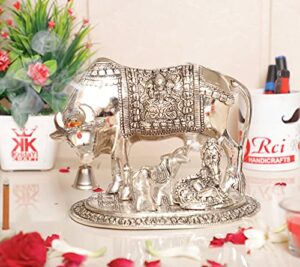 Metal Kamdhenu Cow & Calf with Bal Gopal Krishna Statue for Good Luck (Silver, 19 x 13.5 x 17 cm)